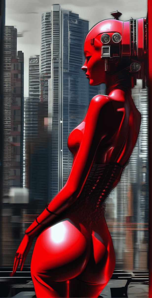 AI generated: sexy lady, red bodysuit, Outsider Art, Robotpunk, Streetlights, octane rendering, REDengine engine, ...