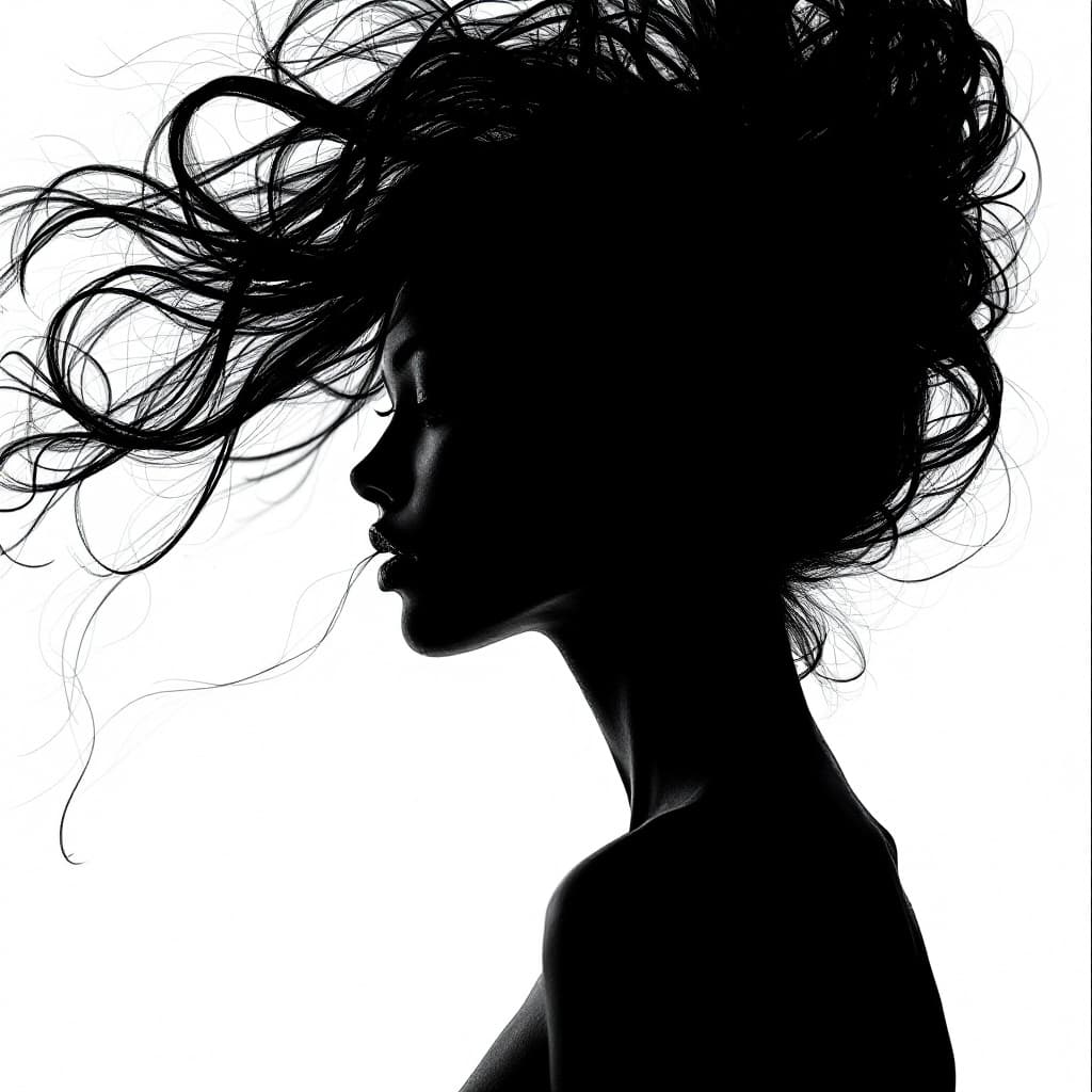 AI generated: black and white photography, fashion editorial, a silhouette of woman with abstract hair in black an...
