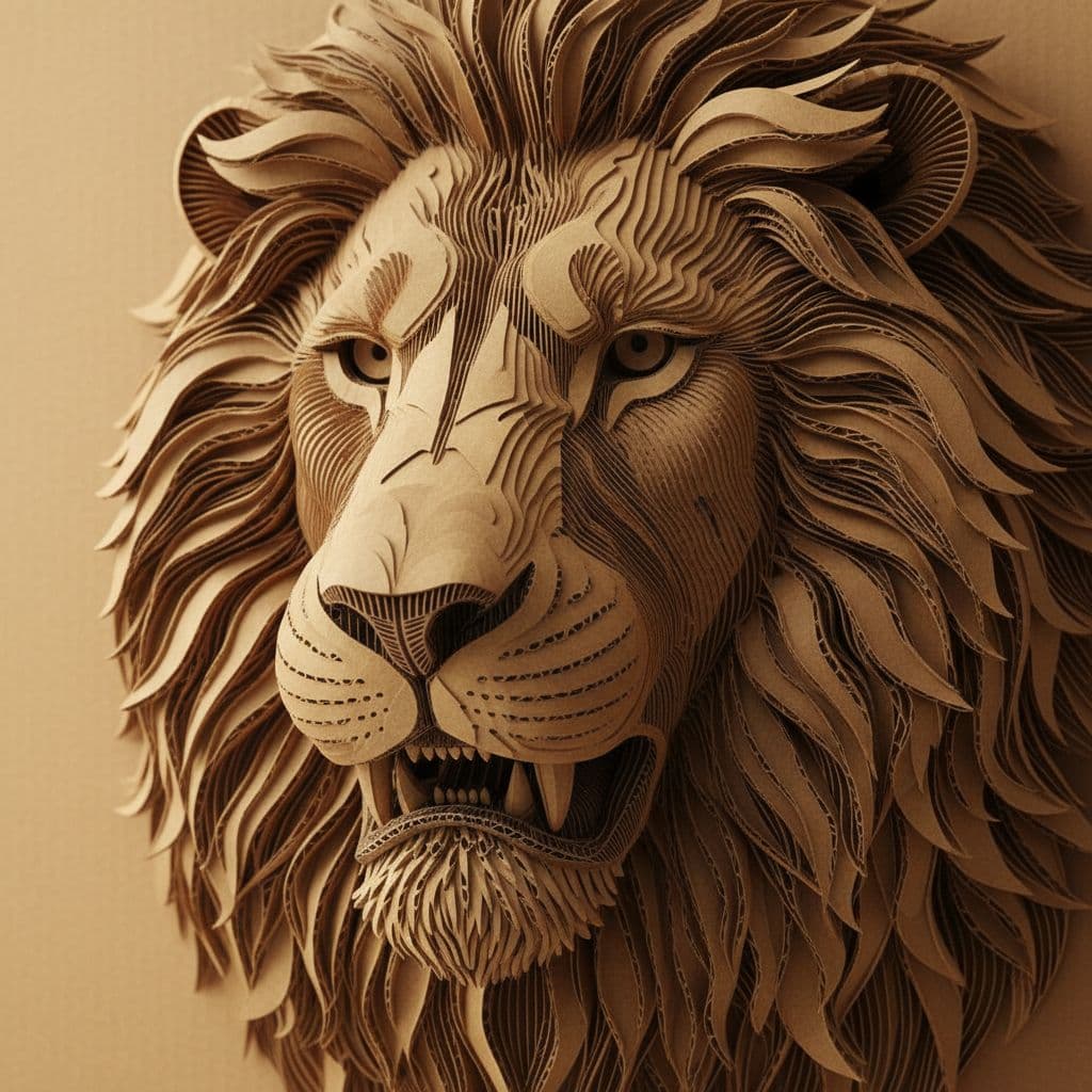 AI generated: a surprising portrait of a LION made entirely of layered corrugated cardboard, with structured crest...