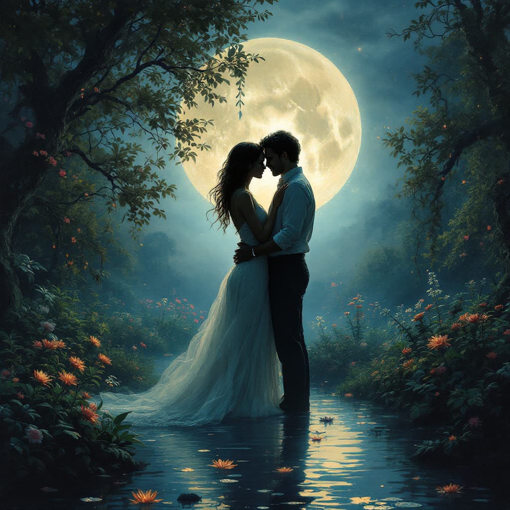 AI generated: woman and man in love enchanted garden bathed in moonlight