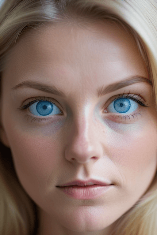 AI generated: sharpfocus on the face of the woman, blond, blue eyes,intimate portrait composition, Leica 50mm, f1....