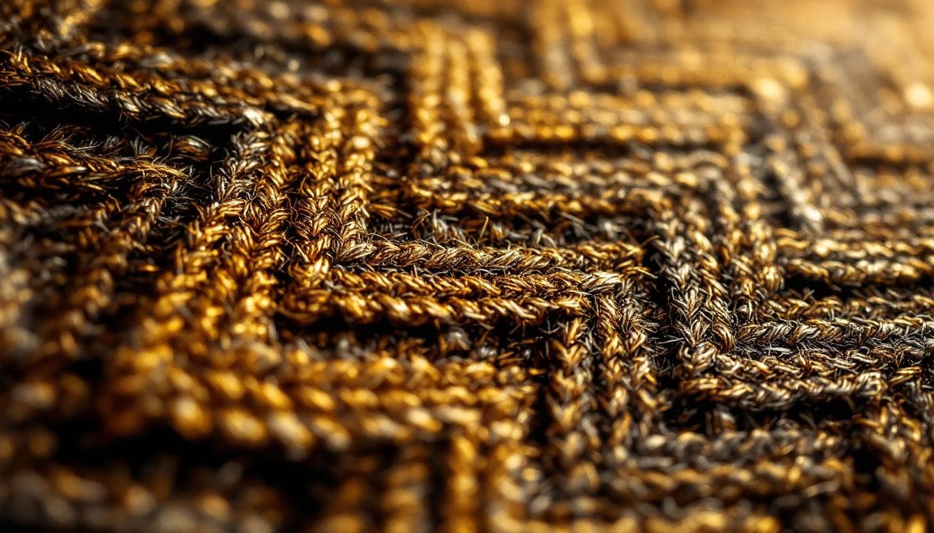 AI generated: Close-up of medieval haberget fabric — intricate woven zigzag texture, earthy tones (bronze, gold, d...