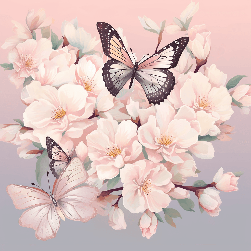 AI generated: A floral vector of butterflies fluttering, with blooming flowers behind, in a pastel pink color, wit...