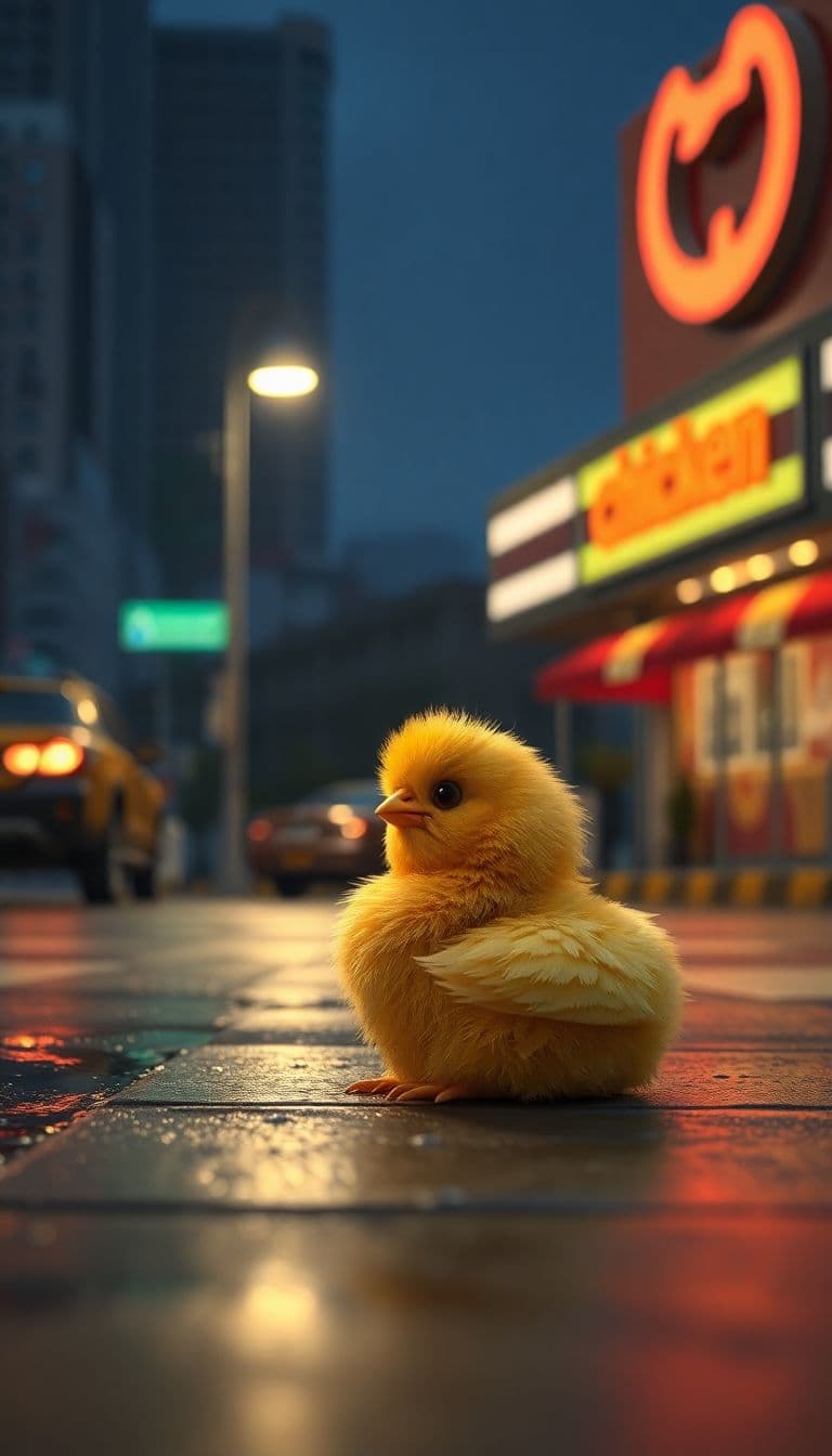 AI generated: A small, fluffy, yellow chick, alone on the streets of Bangkok in the parking lot of the chiken fast...