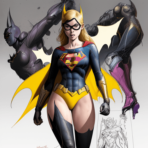 AI generated: a masterpiece, batgirl/supergirl from dc comic wearing alternate yellow costume, coy and alluring, f...