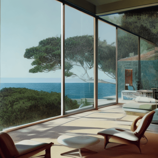 AI generated: Hyper realistic eye level exterior photo of a mid century modern style house overlooking the ocean, ...