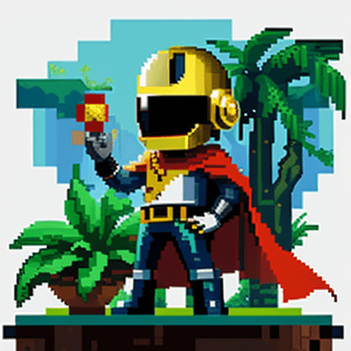 AI generated: simple 2d pixel art character with a daft punk helmet and red cape, standing in a jungle, in the sty...