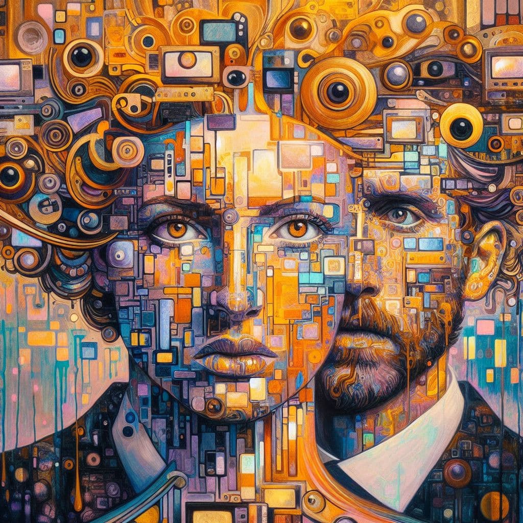 AI generated: double exposure, (abstract painting of a TV screen, in the style of Gustav Klimt, 1.5) vs (I'm just ...
