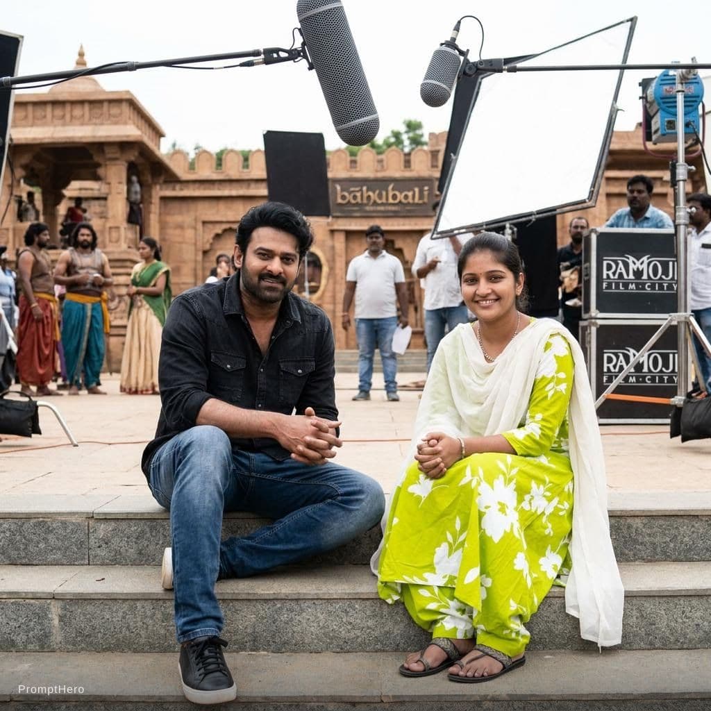 AI generated: Create a image  using my image with rebel star prabhas filim star in(hydrabad ramuji filim city