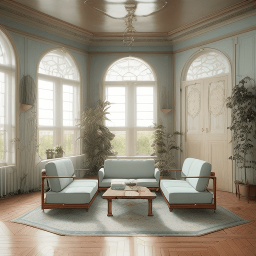 AI generated: High resolution photography interior design, dreamy sunken living room conversation pit, wooden floo...