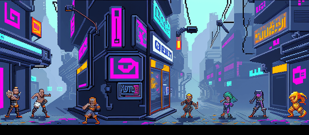 AI generated: pixel art cyberpunk video game, 36 bit video game, highly detailed