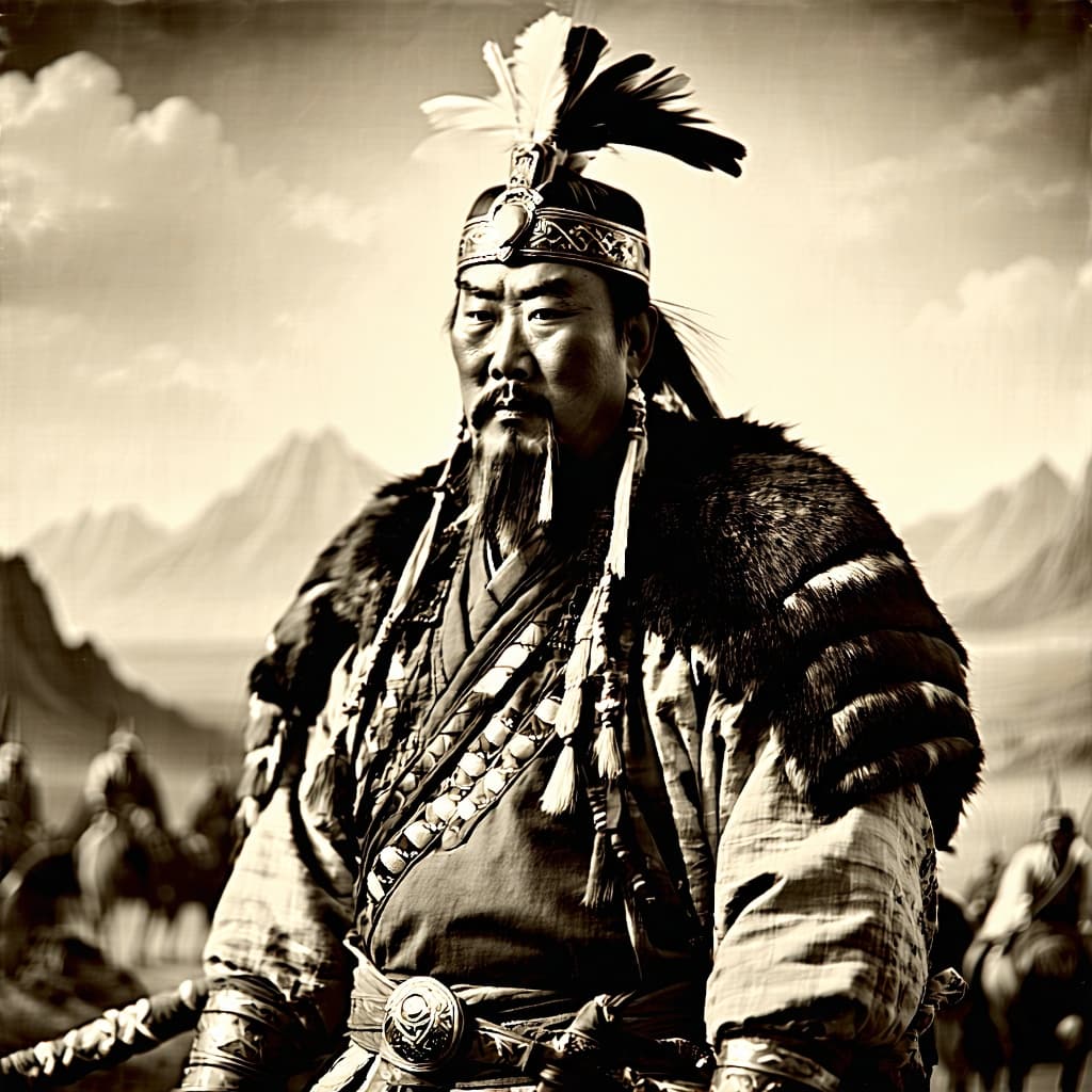 AI generated: Chinggis Khan, Chief Pepe lithograph from Elk Ridge photo collection by S, rendered in the style of ...