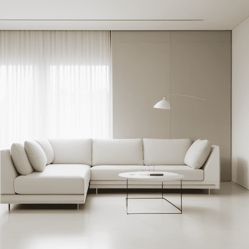 AI generated: Photograph, contemporary living room, soft light of morning, integration of beige flooring and matte...