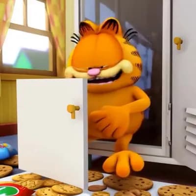 AI generated video: An anthropomorphic fat short-haired orange cat sits in a white cabinet, leaning on a pile of open sn...
