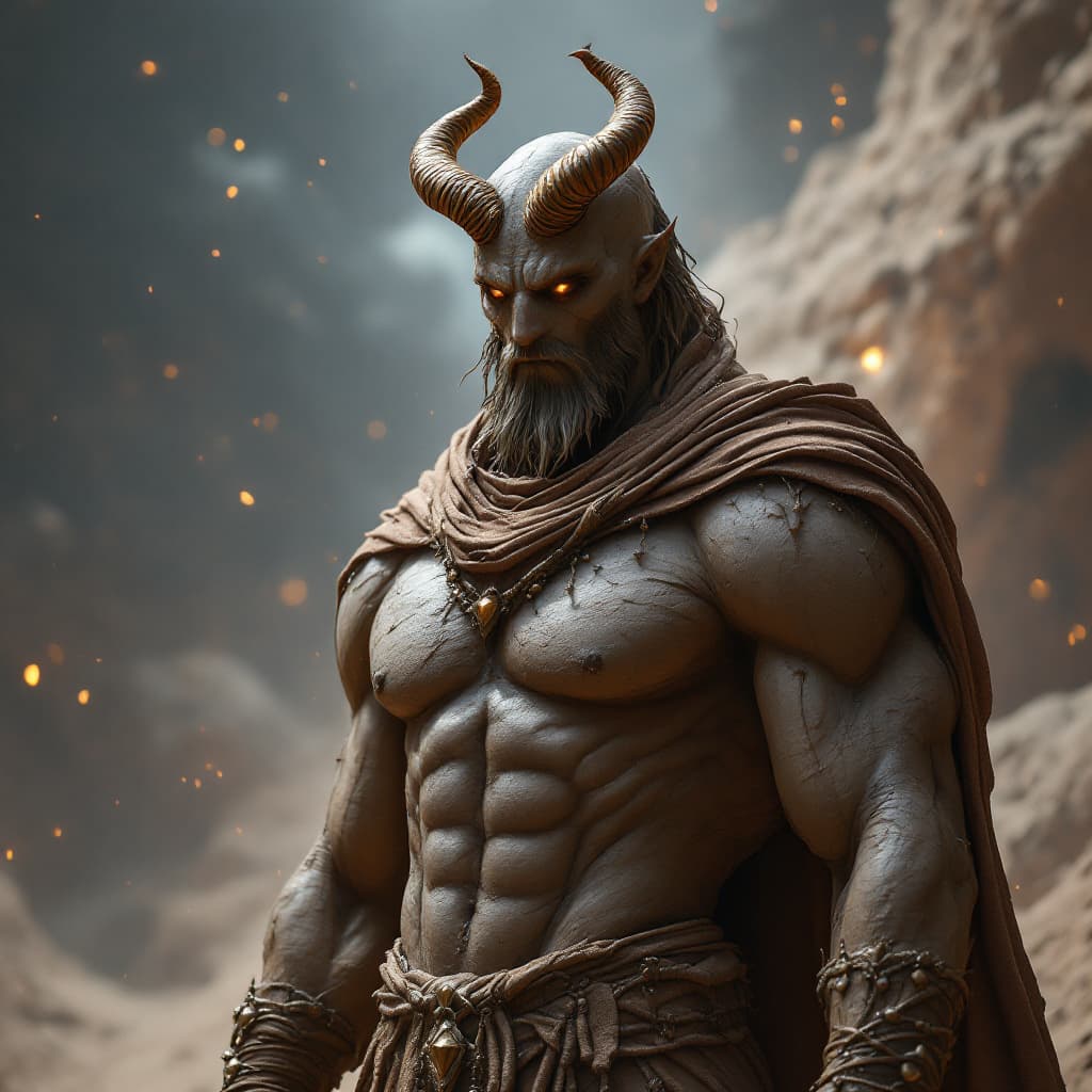 AI generated: God of Mud and Clay, full-body, Etherial, muscular, ((No mouth or hair)), Glowing Brown eyes, epic, ...