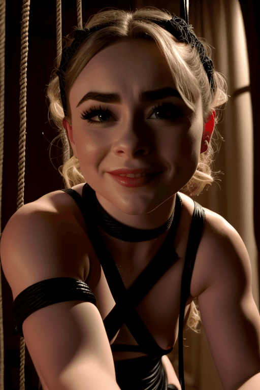 AI generated: Sabrina Carpenter in shibari bondage, bondage, rope bondage, rope, crotch rope, box tie, bound breas...