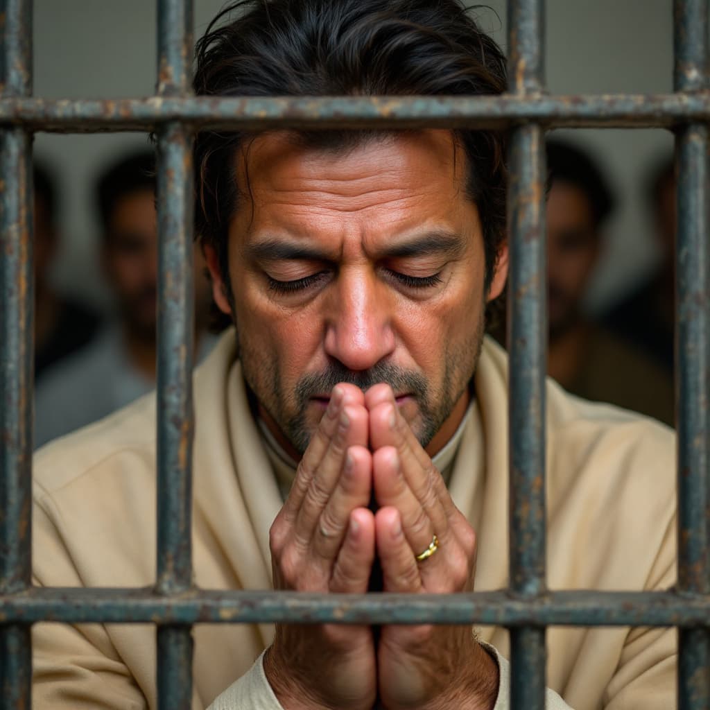 AI generated: High resolution photography imran khan with full face and tasbeeh in jail praying allah