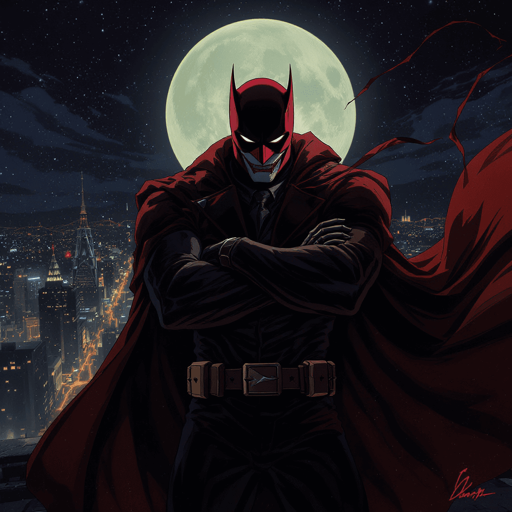 AI generated: A masked vigilante in a red helmet and brown leather jacket, striking a confident pose with crossed ...