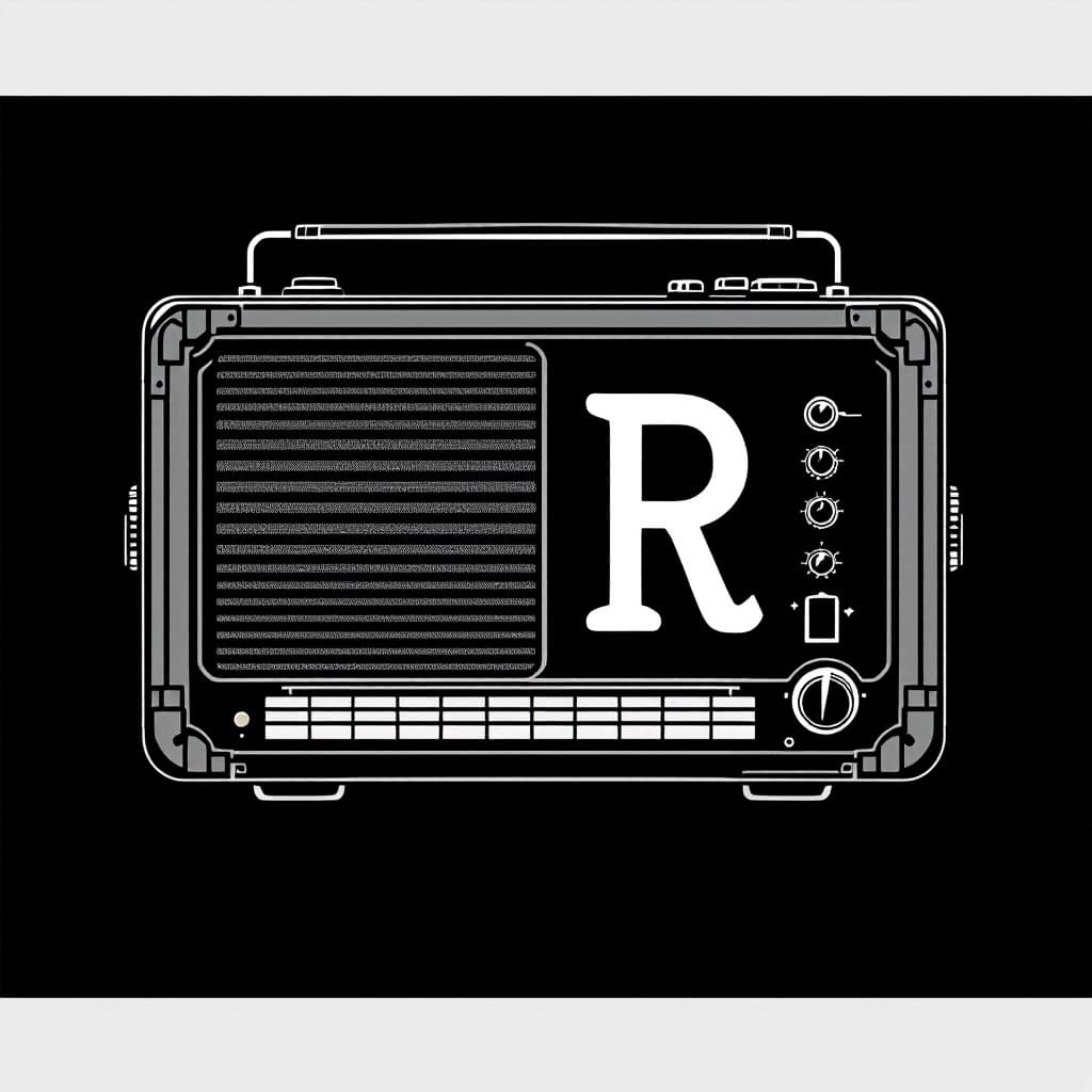 AI generated: logo simple black and grey style an old tube radio slightly cartoonish with the letters B  R clasica...