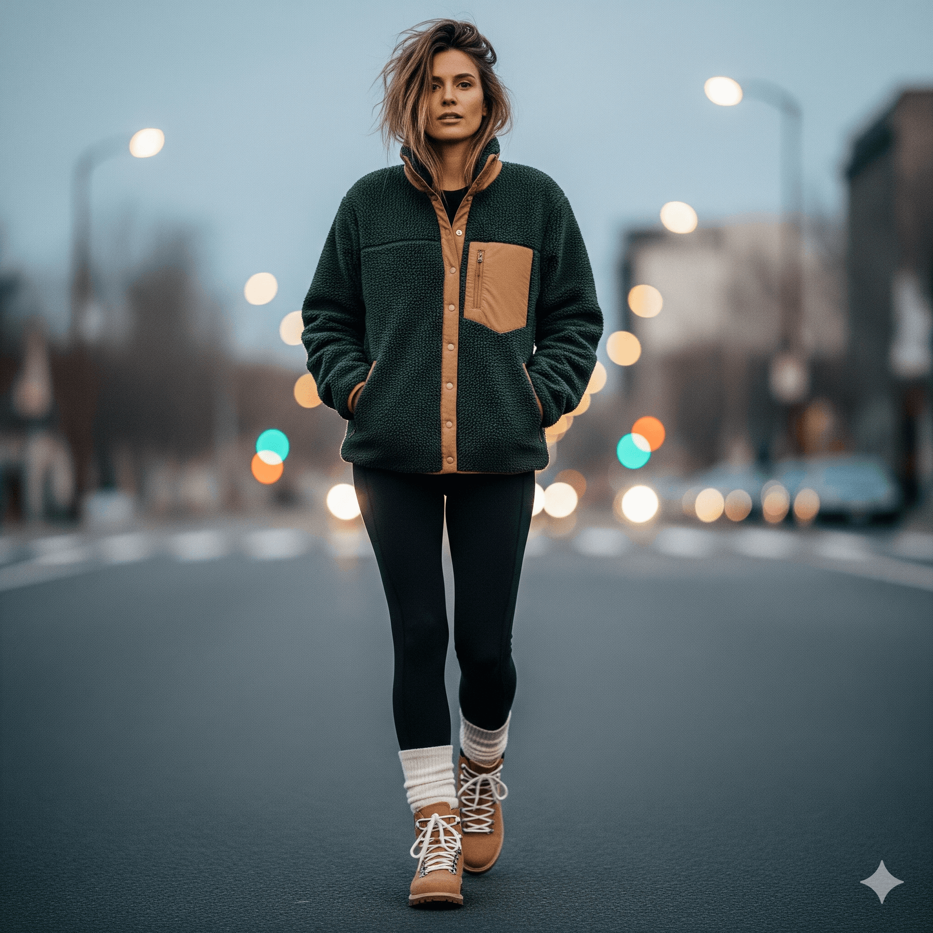 AI generated: A full-body shot of a women walking on a city street. messy blonde hair, The person is wearing a dar...