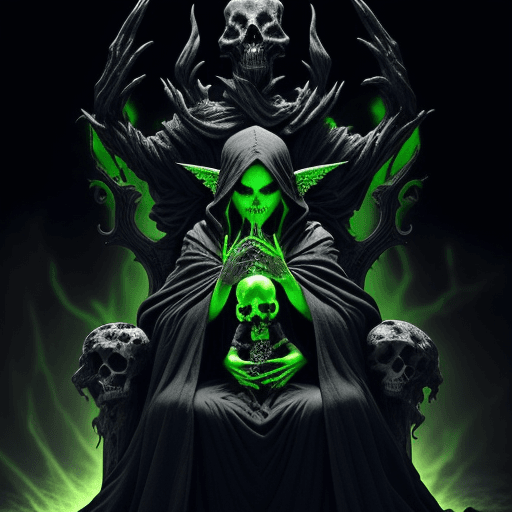 AI generated: A beautiful fairy and a demonic figure touch fingers. The demon sits on a throne made of stacked sku...