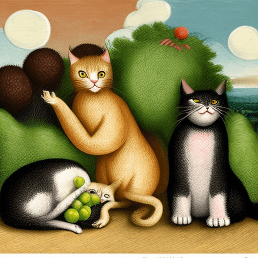 AI generated: a fruit or vegetable like two cats and two poodles, in a disordered and random landscape as backgrou...