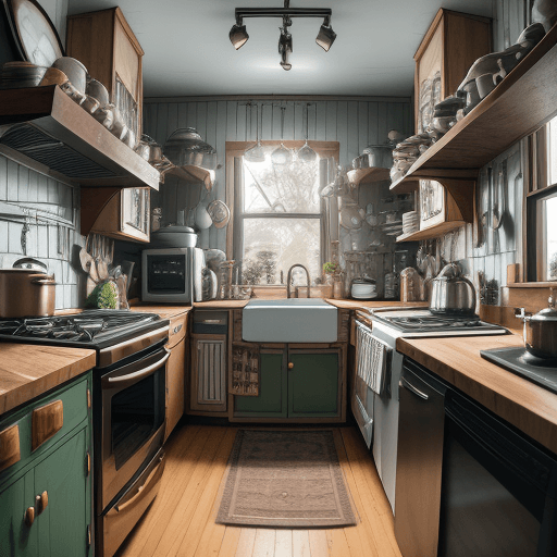 AI generated: Initial panorama of a cluttered kitchen counter near a gas stove with ordinary items; interior desig...