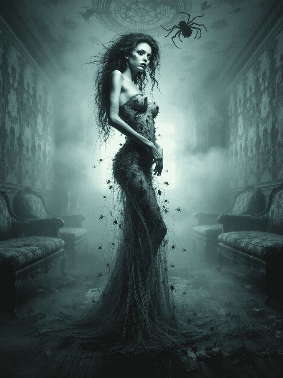AI generated: image in the style of a Tim Burton & George Romero movie of a dark decaying abandoned house, with co...