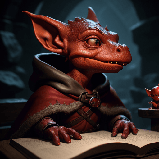 AI generated: cinematic lighting, 4k, hyper realistic, focused, Dungeons and Dragons, A red Kobold, Small, goggles...