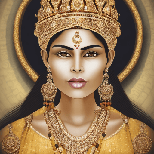AI generated: portrait of a indian queen wearing a crown,made of gold, close up, half body, looking at the camera,...