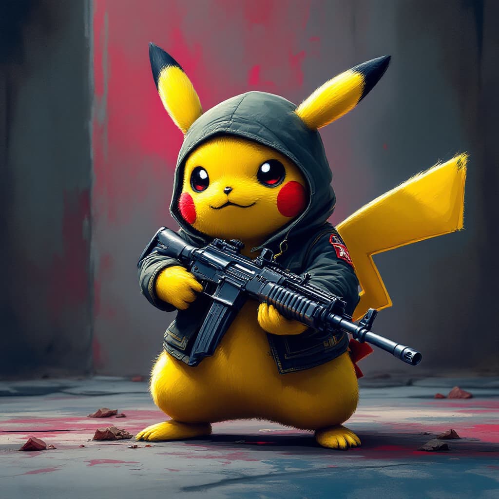 AI generated: pikachu with an ak47, part of the crips gang