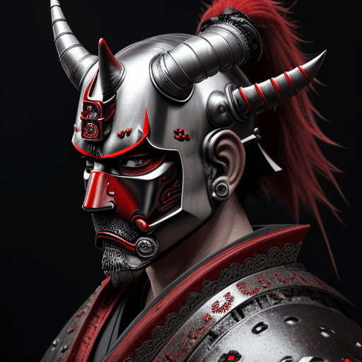 AI generated: Japanese samurai portrait, all mask helmet
with horns, intricately sculpted, all red, evil rugged, s...