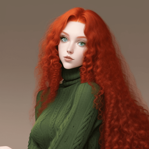 AI generated: beautiful redhair woman with very long curly hair green eyes with a eccentric long hairy turtleneck ...