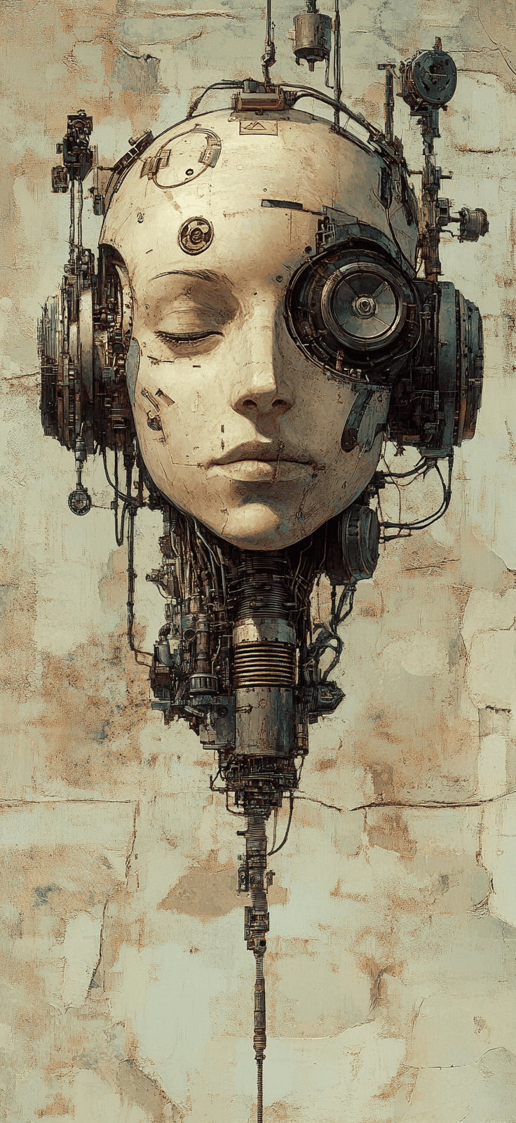 AI generated: abstract image of a robot head that hangs in space without a body, an image in the style of Steampun...
