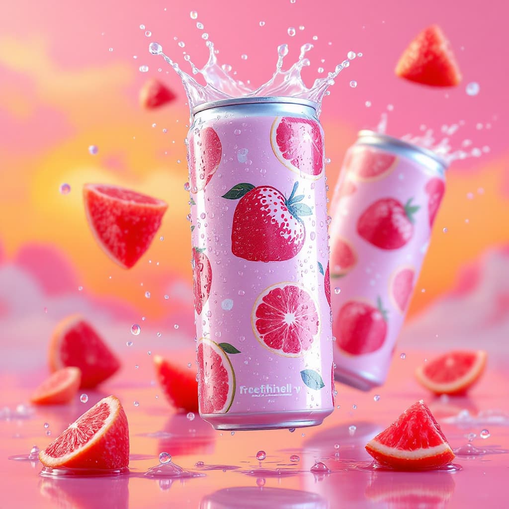 AI generated: three refreshingly cold cans positioned against a pastel yellow orange and pink sunset gradient back...