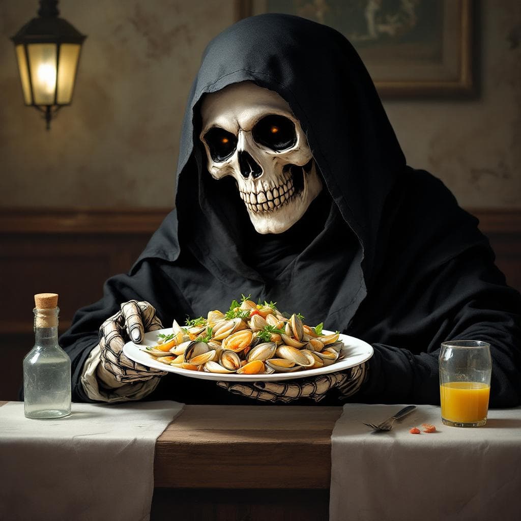 AI generated: Quiero la imagen de la muerte ofreciéndome un plato de almejas recién hecho. La imagen tiene que ser...