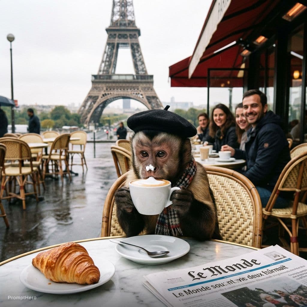 AI generated: A monkey sipping a cappuccino in Paris