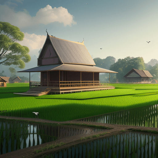 AI generated: A Small wooden house in cambodia rice field which is surrounded by green vegetable farms and local b...