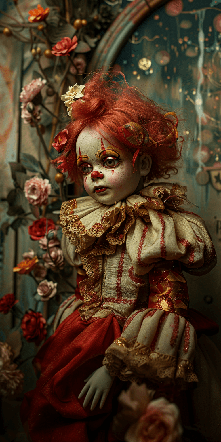 AI generated: A vintage circus clown doll with a red and gold outfit, in front of an arch adorned with flowers. Th...