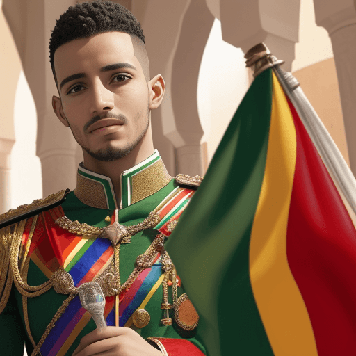 AI generated: A gay king holds a green bottle with the Moroccan flag in the middle