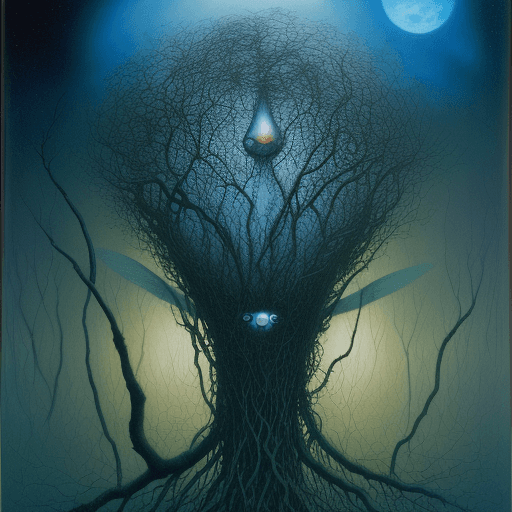 AI generated:  flies on top of twigs and roots in the sky, in the style of tony oursler, finely textured brushwork...