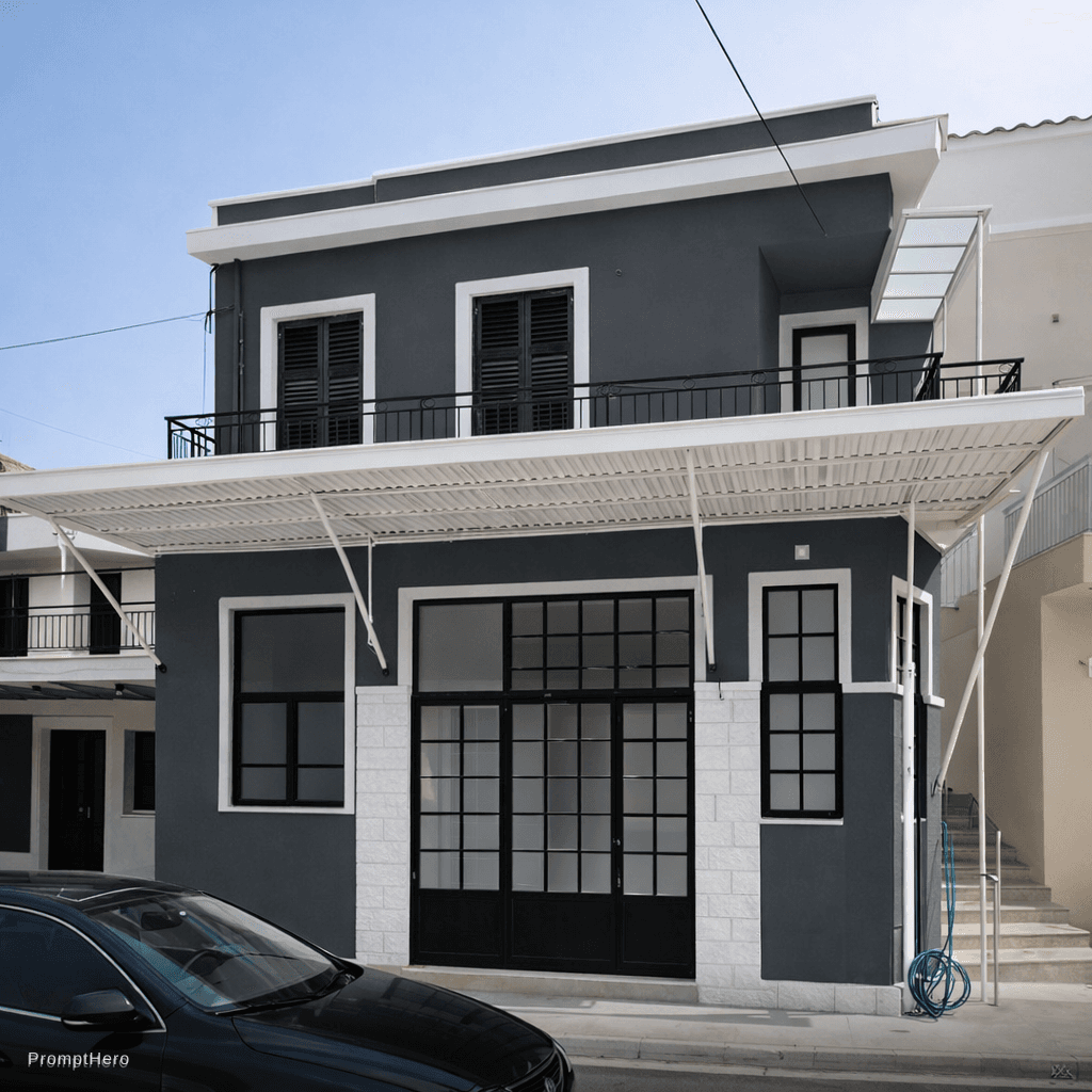 AI generated: Paint the walls dark grey, the windows and doors black and their frames light grey