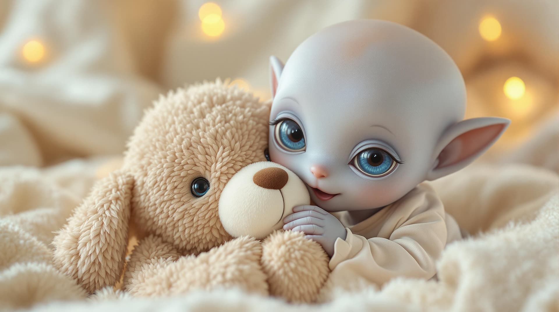 AI generated:  a beautiful and cute alien babie, with bright blue eyes, wearing adorable pyjamas, hugging and play...