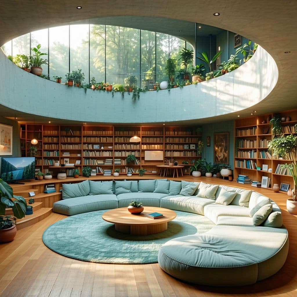 AI generated: High resolution photography interior design, dreamy sunken living room conversation pit, wooden floo...