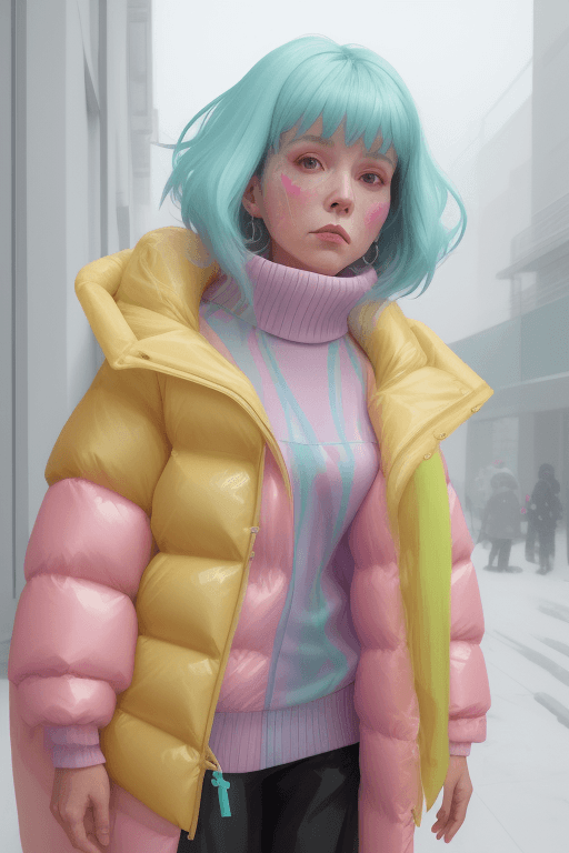 AI generated: a mid age woman wearing a poncho oversized puffer jacket, inspired by OffWhite, tumblr, inspired by ...
