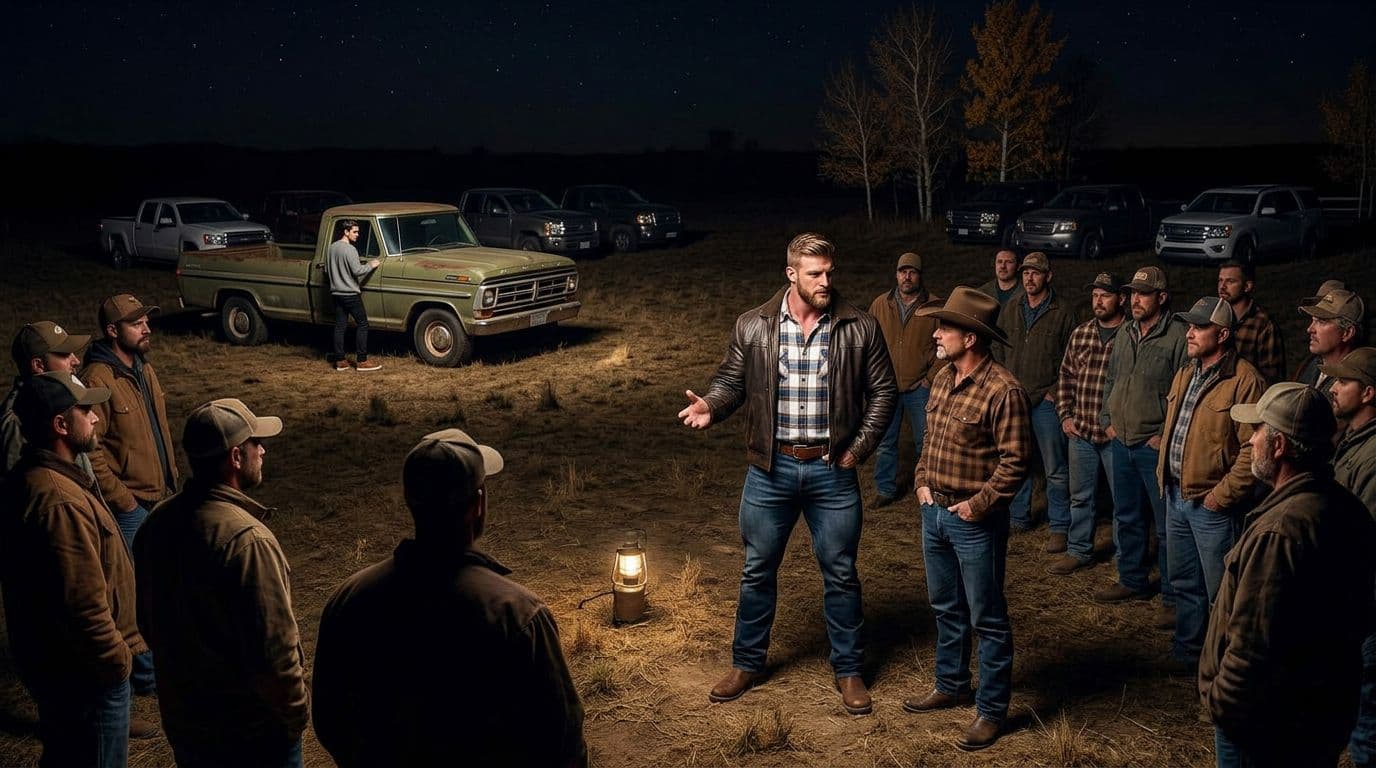 AI generated: In an Autumn night at a ranch with no public lights, there are no houses around. The vintage olive g...