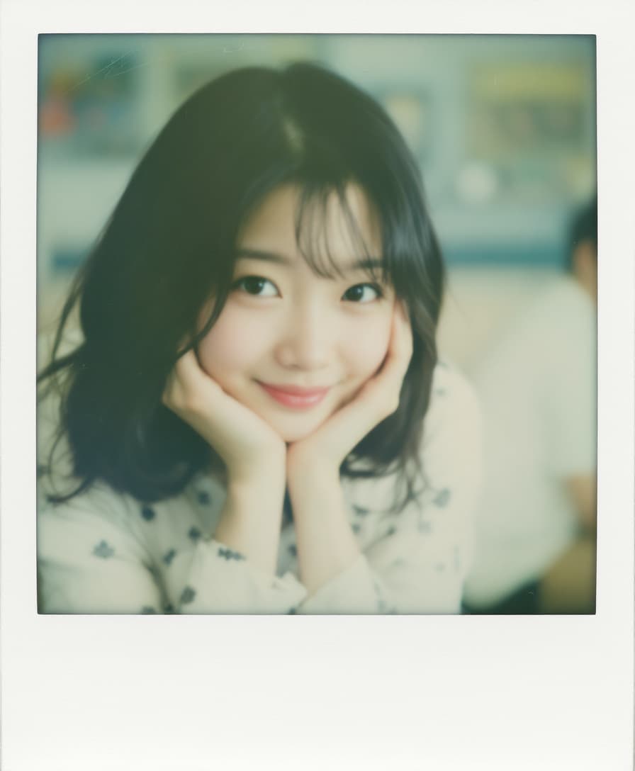 AI generated: An amateur photograph taken on a vintage Polaroid camera showing an innocent 18-year-old Japanese gi...