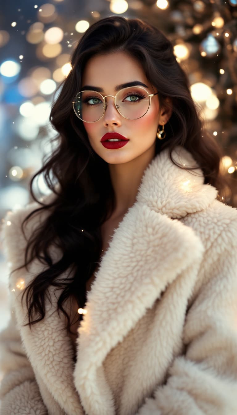 AI generated: Woman, midnight hair, carmine lips, long, faux-shearling coat, wine-red lips, vogue, luminous backgr...