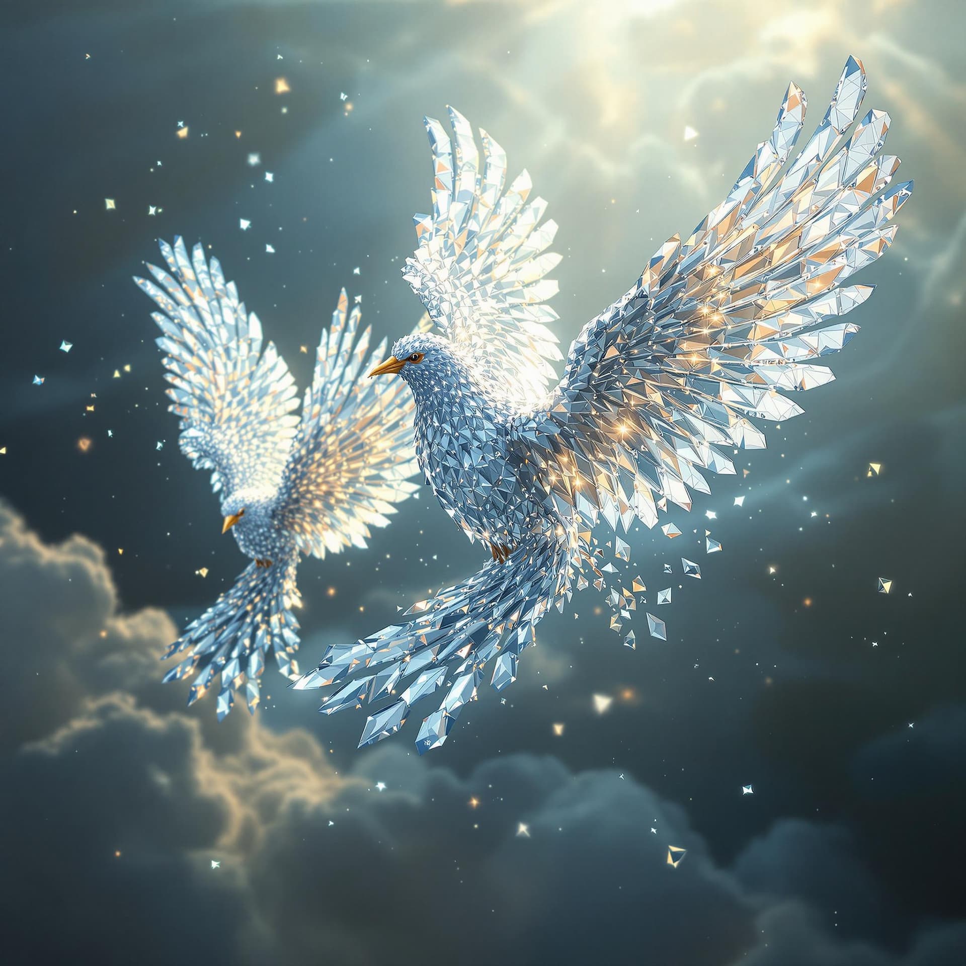 AI generated: 3 DOVES MADE OUT OF DIAMONDS FLYING WITH WINGS FULLY EXPANDED, cinematic, hyper realism, high detail...