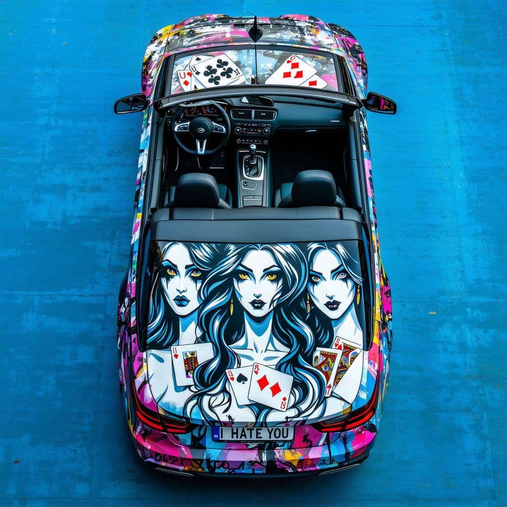 AI generated: The rear Ariel drone view side of a bşacku convertible car. The car's trunk is adorned with gothic g...